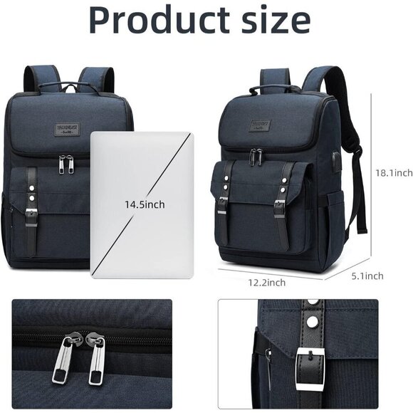 YALUNDISI Vintage Backpack Travel navy blue Laptop bag with USB Charging Port. - Picture 4 of 5
